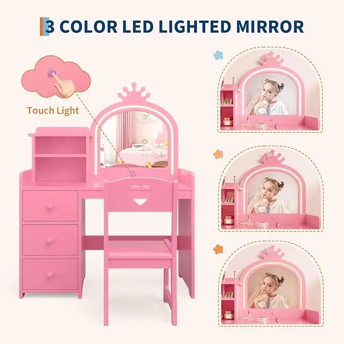 HiMISS Kids Vanity With Lights, Makeup Desk And Chair Set