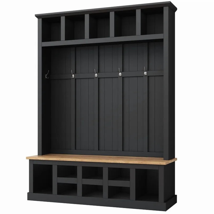 Farmhouse Hall Tree With Shoe Storage Bench 6 Hooks Rack