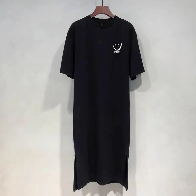 Summer Smiley Side Slit T Shirt Dress For Women Casual