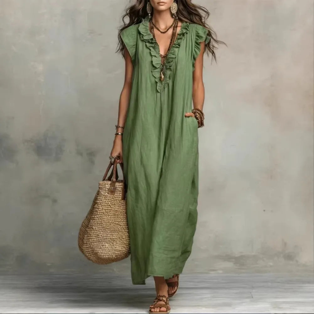 Women's Retro Bohemian Linen Maxi Dress With Ruffle V-Neck