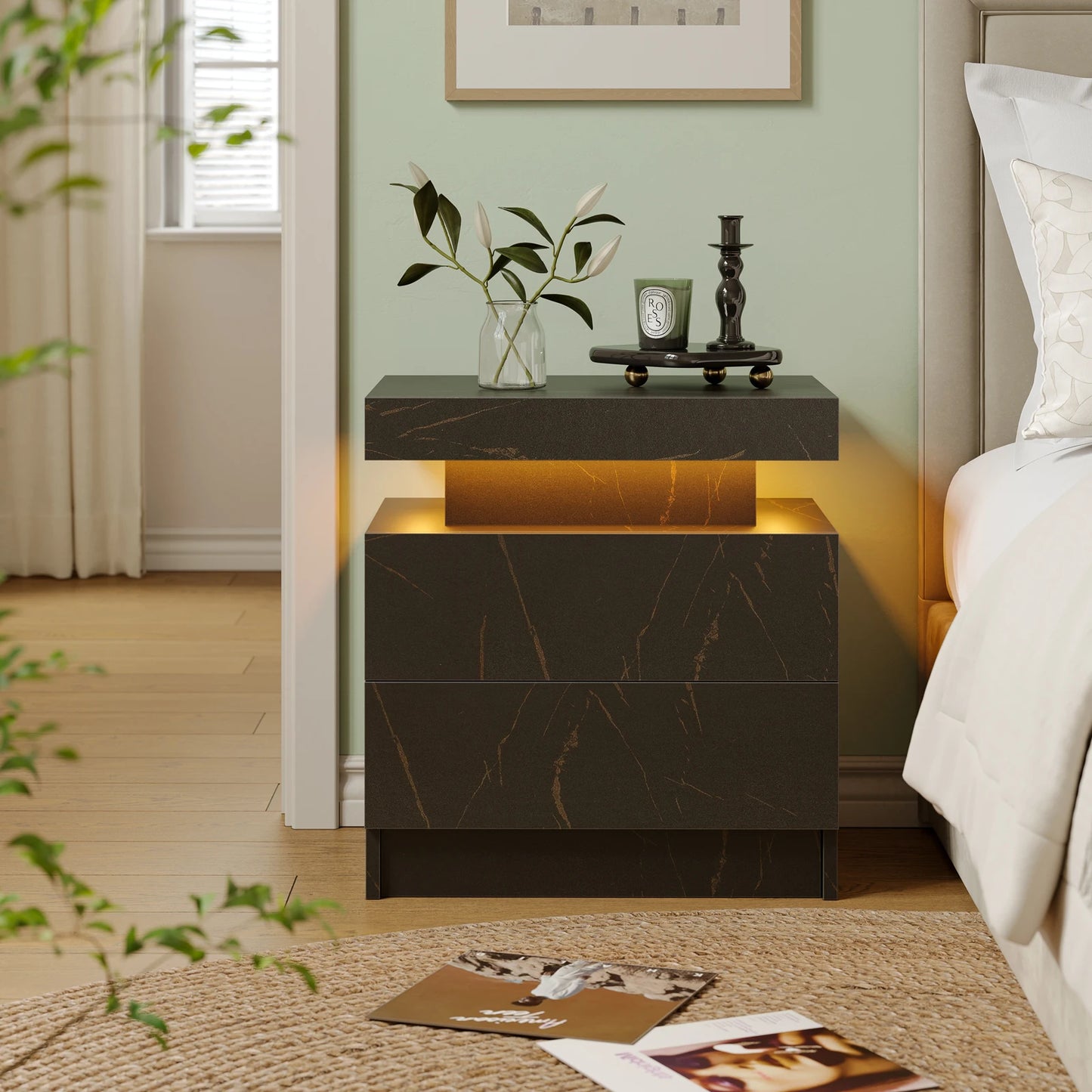 Cubehom LED Nightstands With 2 Drawers And RGB Lights For Bedroom