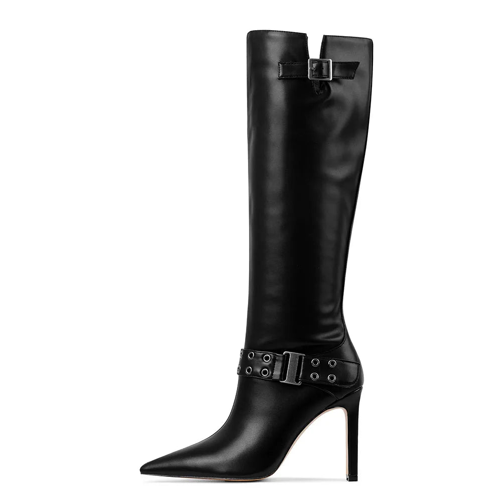 DoraTasia Pointed Toe Metal Accent Thin Heel Mid Calf Boots