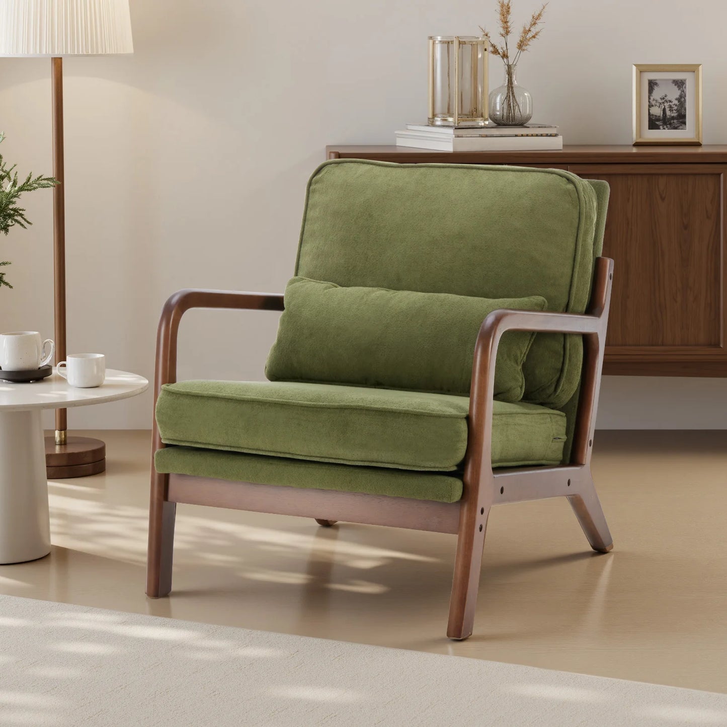 JHK Mid Century Modern Wood Chair With Armrests And Cushion