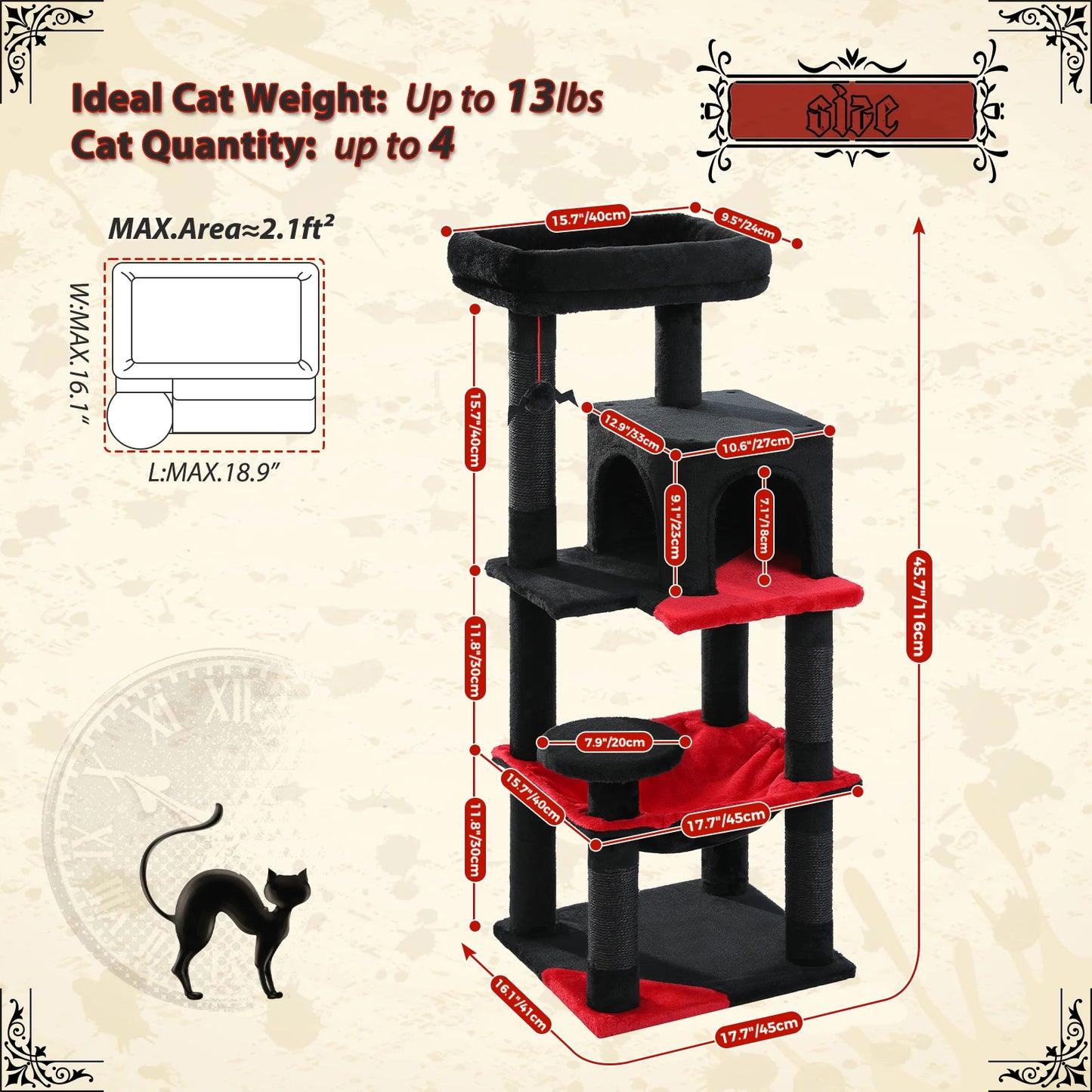 PAWZ Road Gothic Cat Tree for Indoor Cats Tall Tower with Hammock