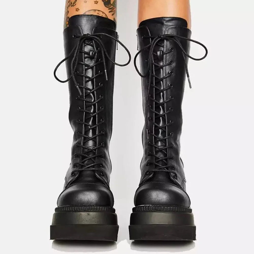 DoraTasia Gothic Mid Calf Boots With Side Zip Lace