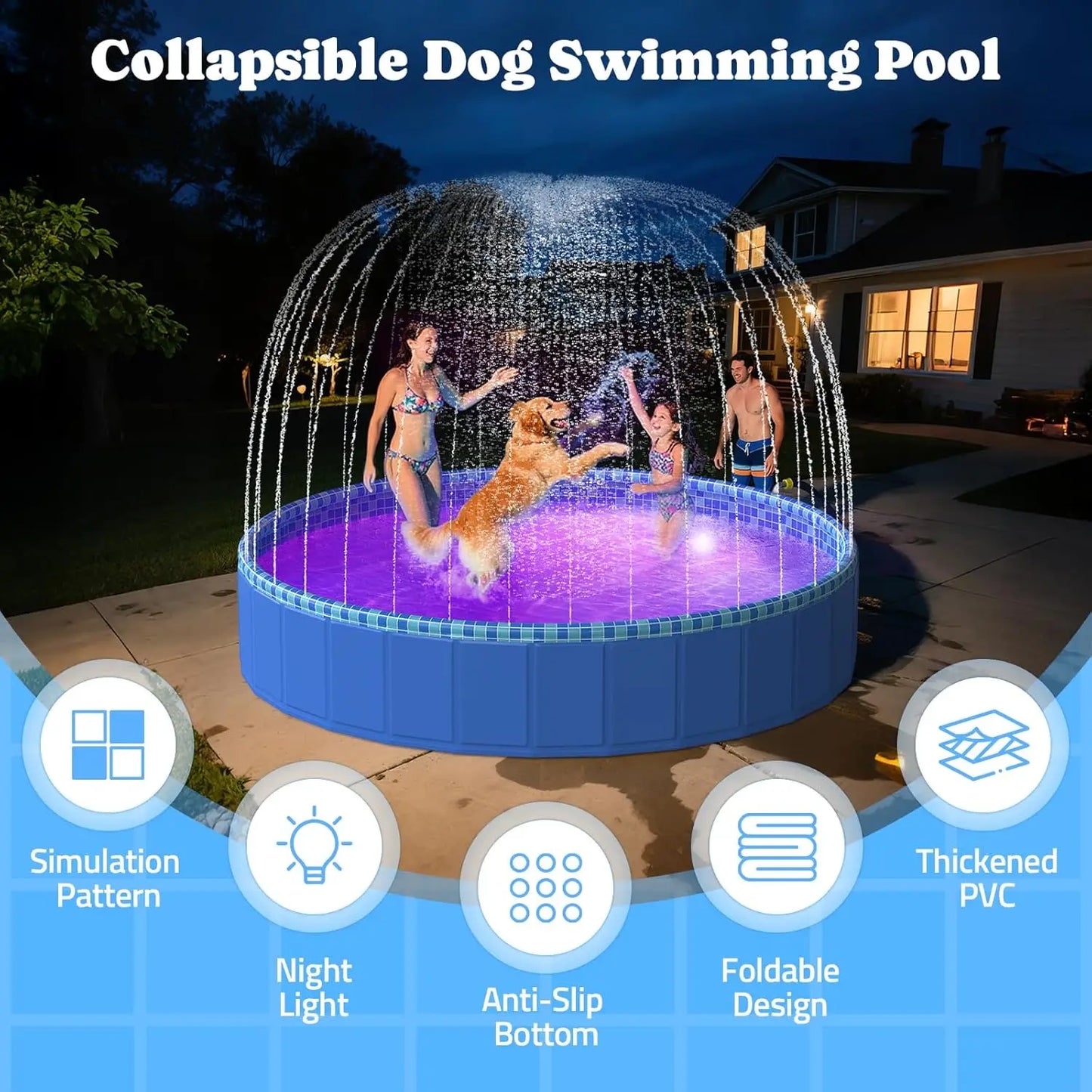 Foldable Dog Pool With Sprinkler RGB LED Light Collapsible Plastic