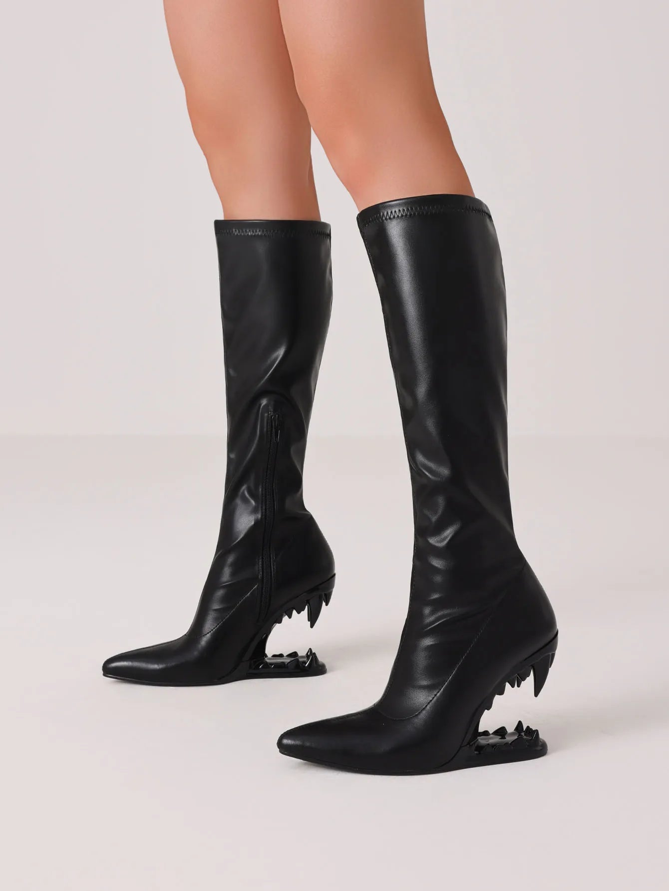 Goth Pointed Toe Knee High Boots With Side Zipper Wedges