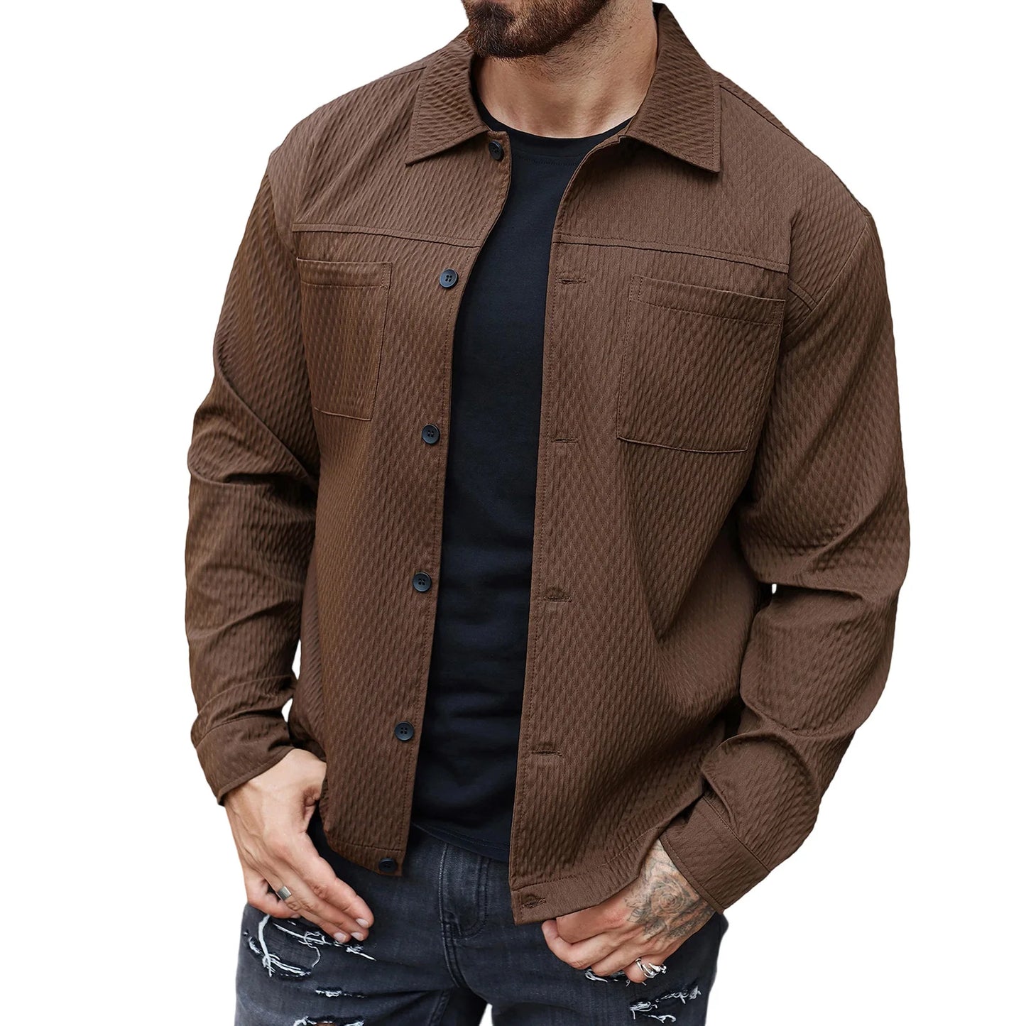 Mens Casual Shirt Jacket Long Sleeve Button Up Top Outerwear