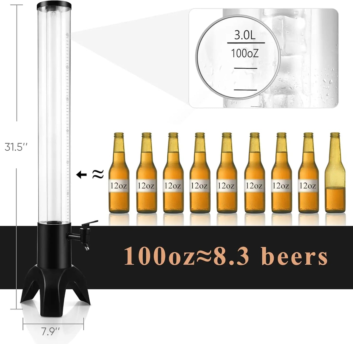 3L Drink Tower Dispenser With Ice Tube And LED Light