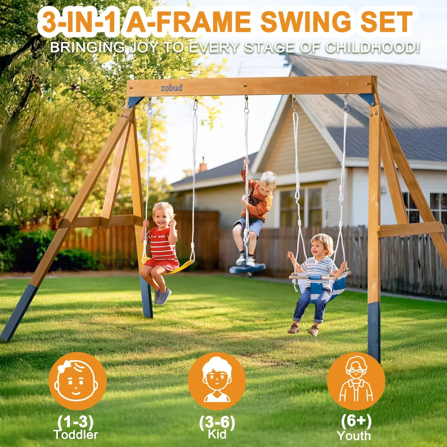 Robotime Robud 3 In 1 Playground Wooden Swing Set With Tree And Toddler Swings