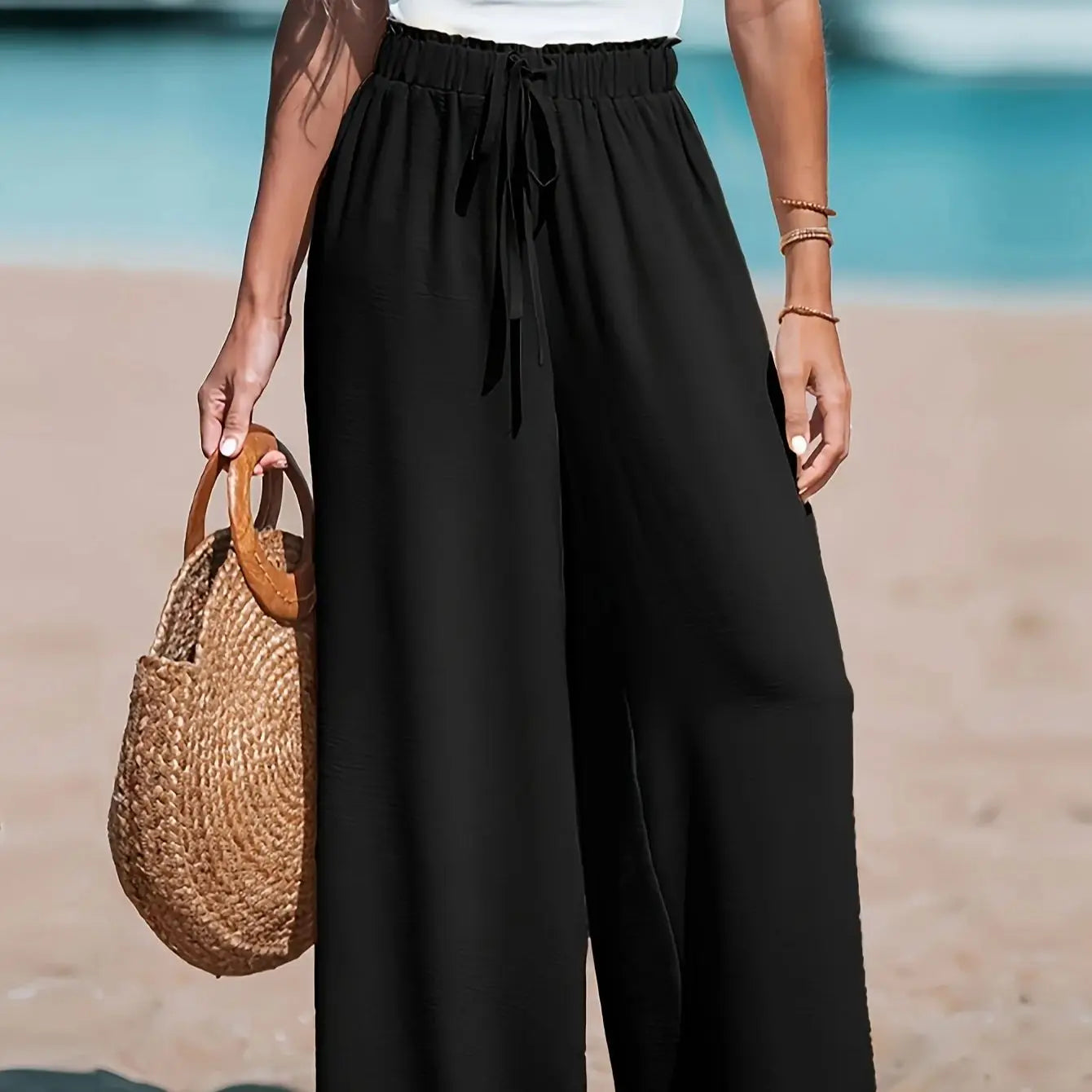Women Casual Wide Leg Pants With Elastic Waist Loose Fit Pockets