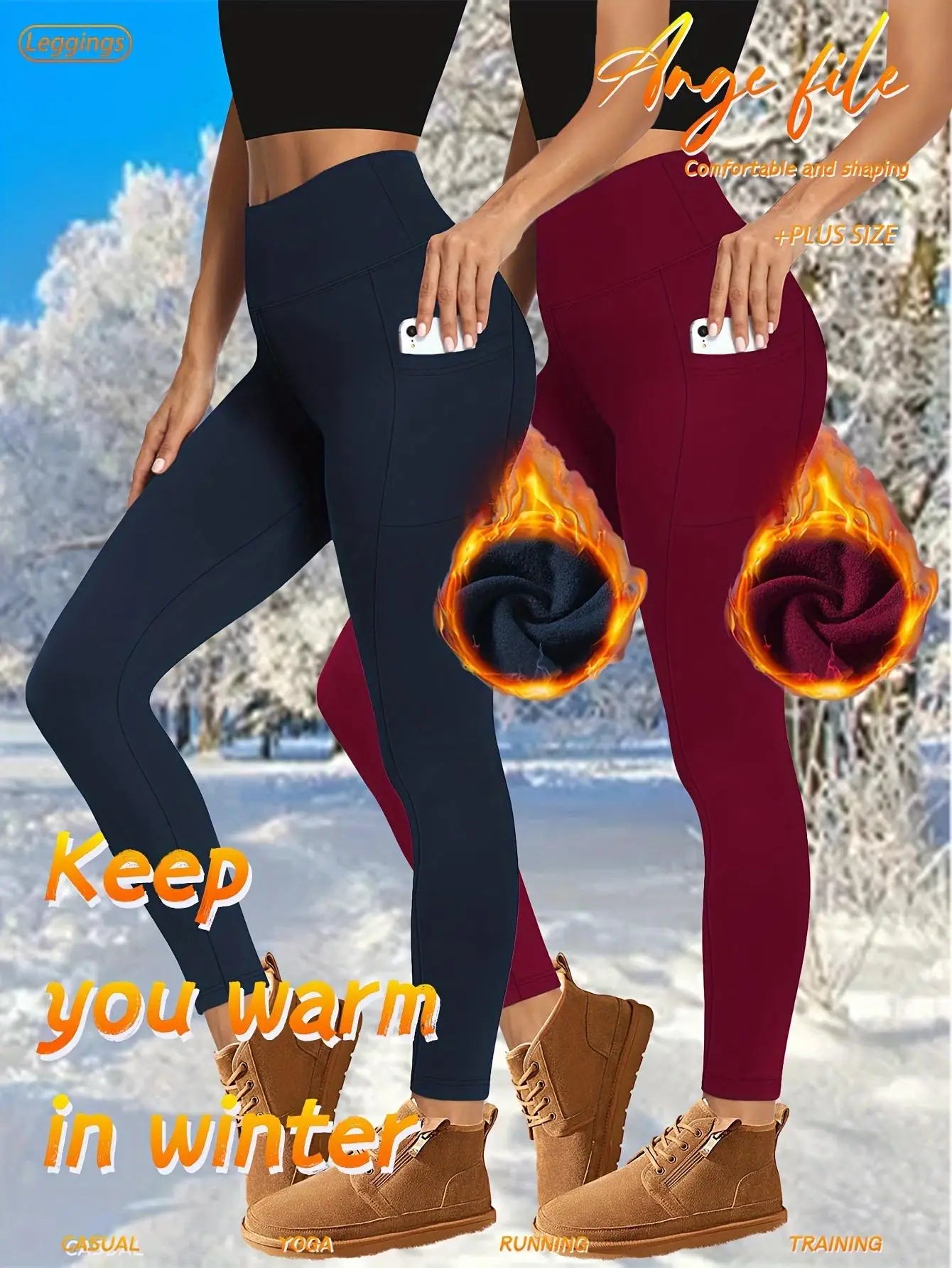 Womens High Waisted Fleece Lined Yoga Leggings With Side Pockets