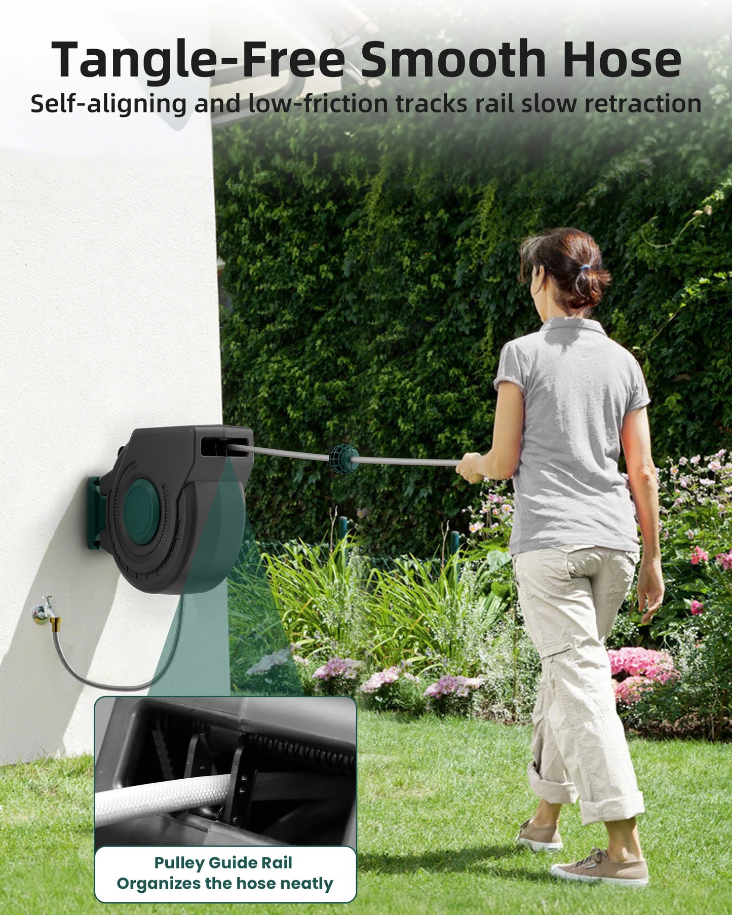Retractable Garden Hose Reel Wall Mounted Auto Rewind 180 Degree Pro Bracket