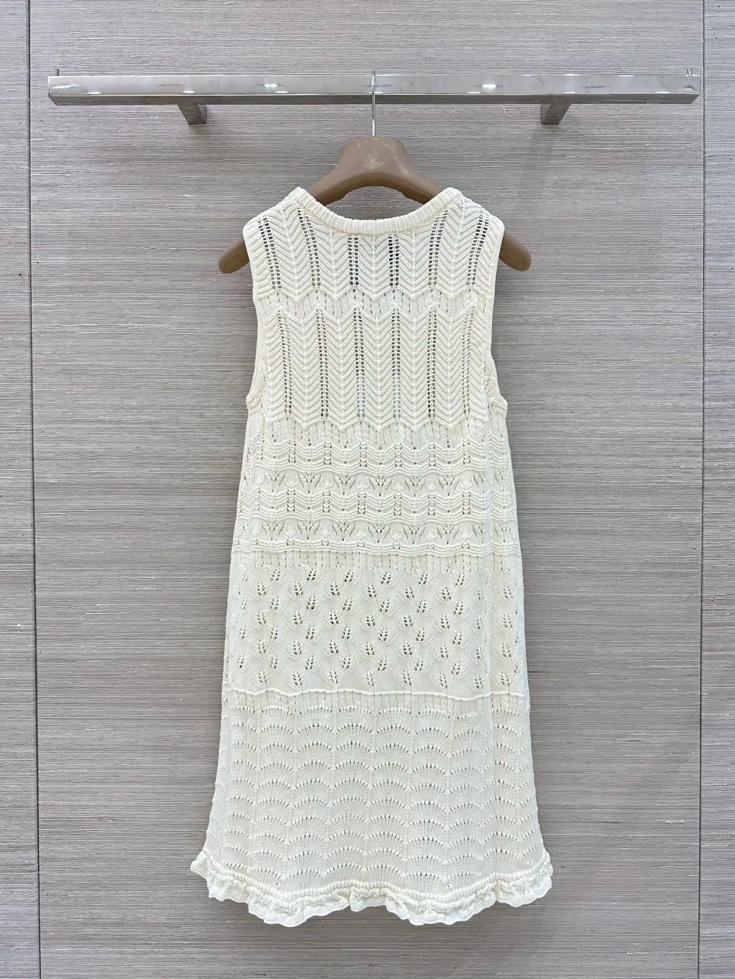 Women Segmented Textured Hollow Knit Sleeveless Dress With Ruffled Hem