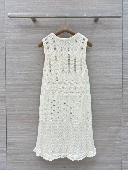 Women Segmented Textured Hollow Knit Sleeveless Dress With Ruffled Hem