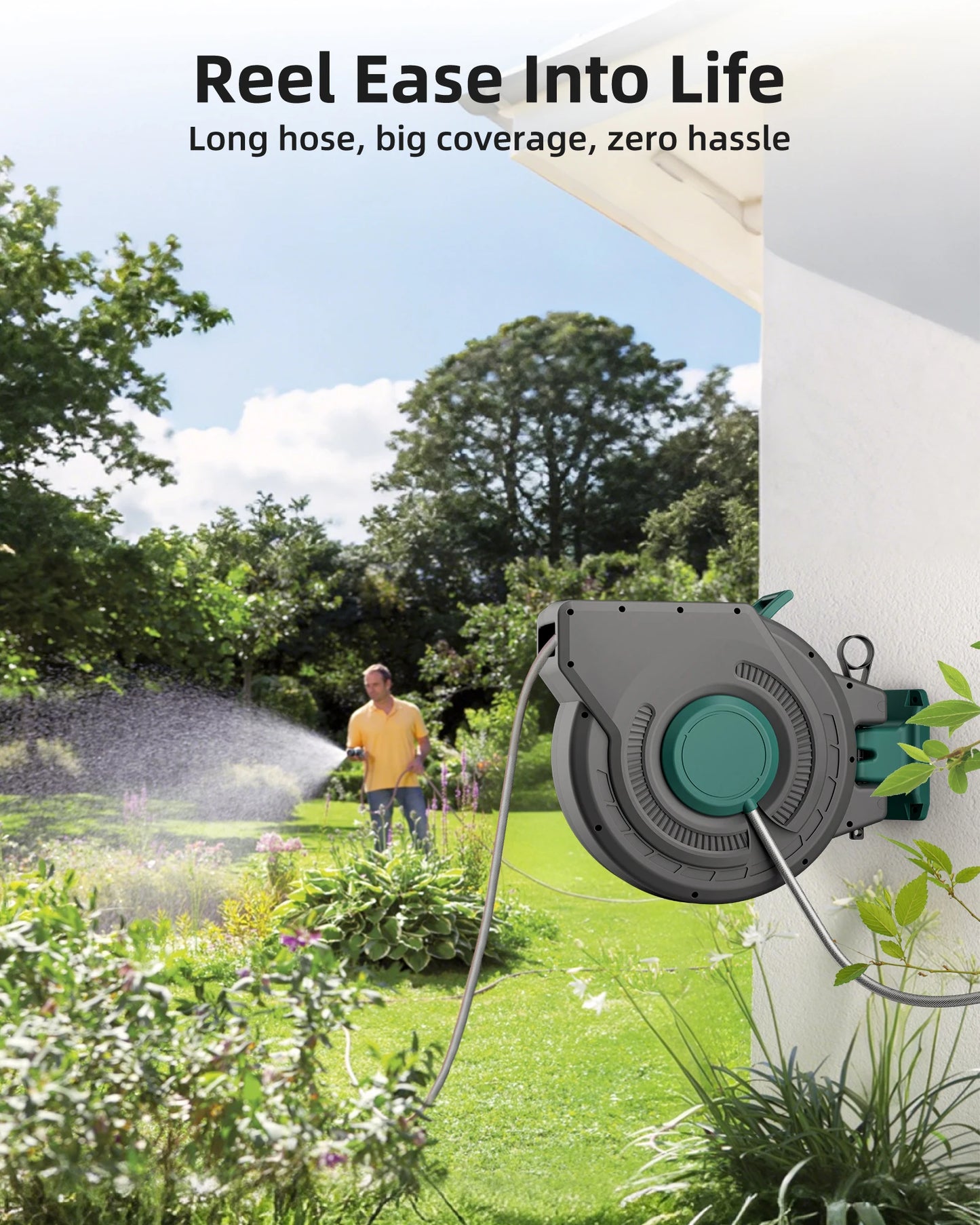 Retractable Garden Hose Reel Wall Mounted Auto Rewind 180 Degree Pro Bracket