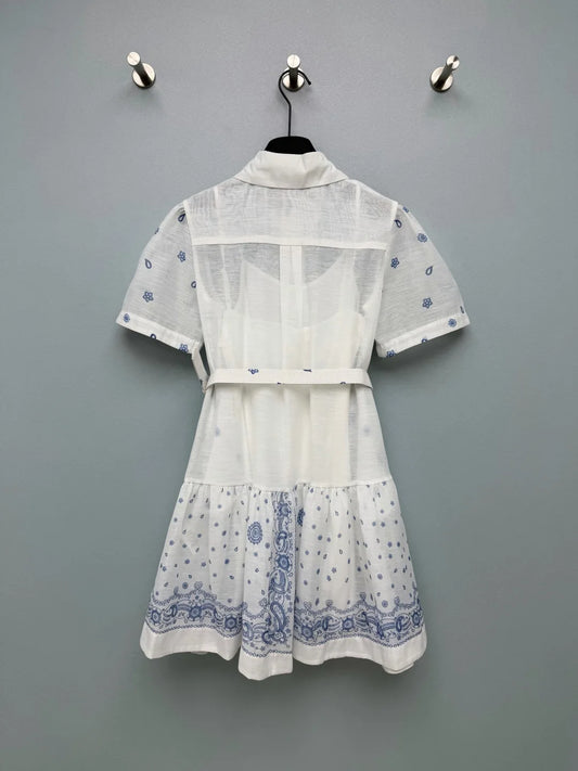 Paisley Print Belted Shirt Dress Cotton Women Summer