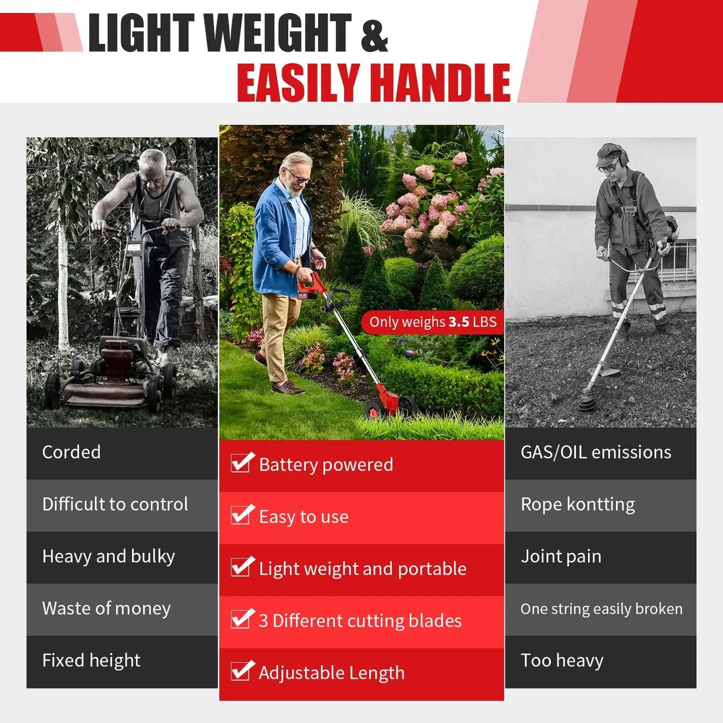 Cordless Portable Lawn Mower Weeder Multi Function With Three Blades