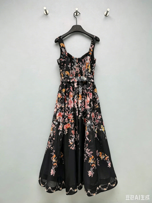 Women Sleeveless Spaghetti Strap Maxi Dress Waist Cinch Flare