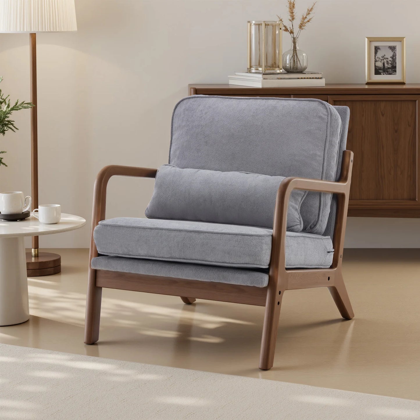 JHK Mid Century Modern Wood Chair With Armrests And Cushion