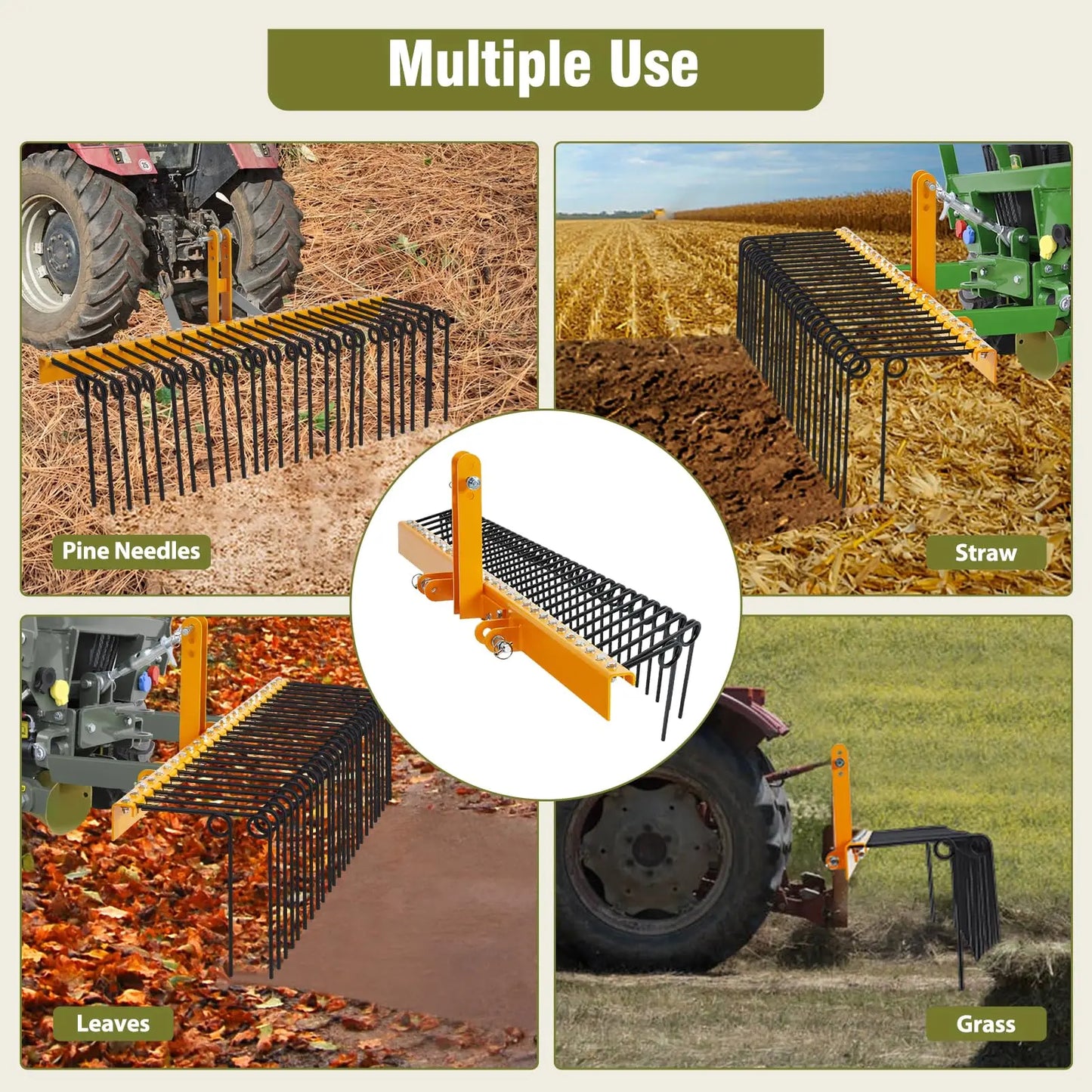 HiMISS Pine Straw Rake With Coil Spring Tines For Tractors
