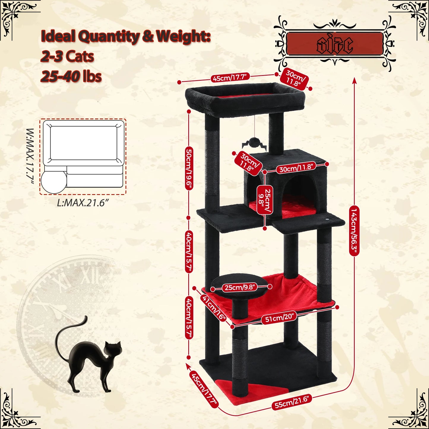 PAWZ Road Gothic Cat Tree for Indoor Cats Tall Tower with Hammock