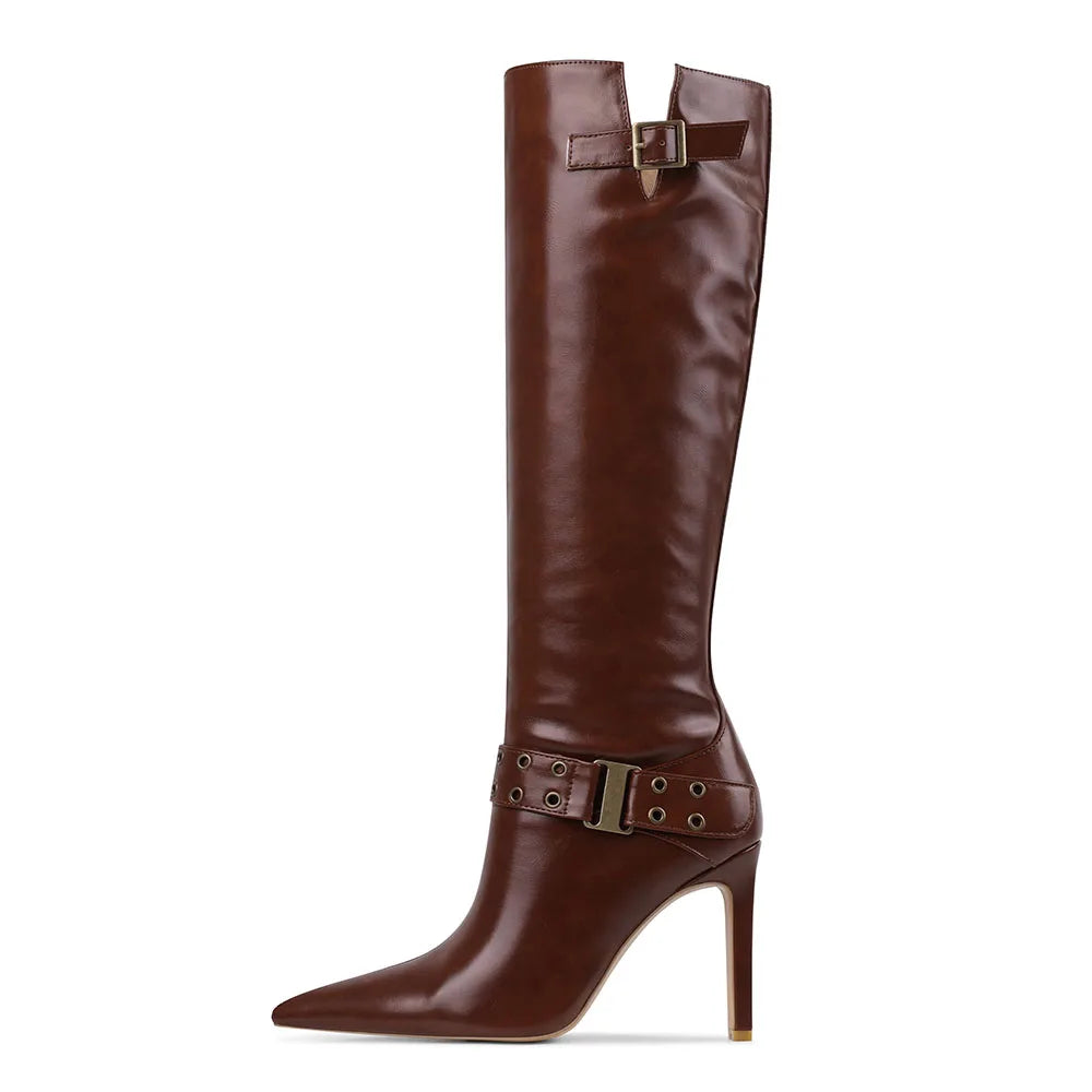 DoraTasia Pointed Toe Metal Accent Thin Heel Mid Calf Boots