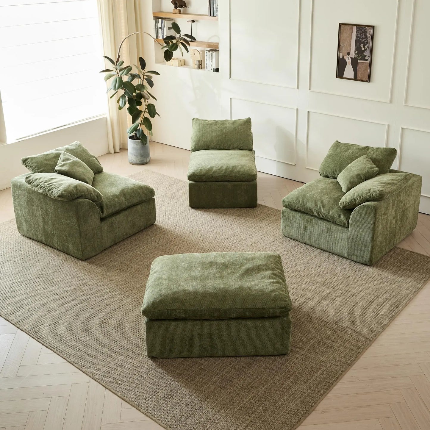 Yeflixvrau Modern Cloud L-Shaped 3-Seater Chenille Sofa With Ottoman