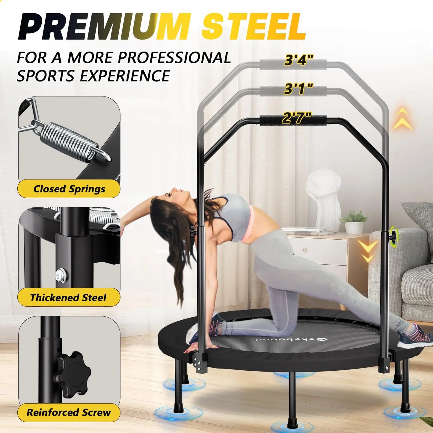 Foldable Rebounder Trampoline For Adults With Adjustable U Bar Handle