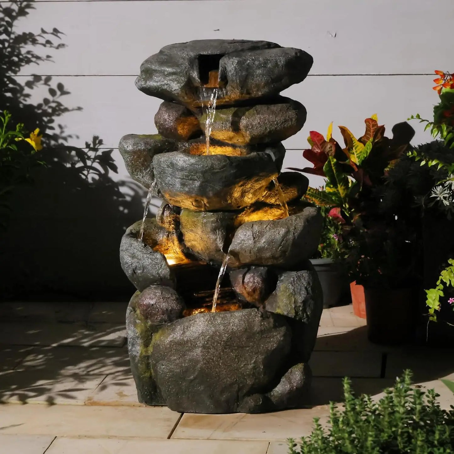 Tree Trunk Outdoor Resin Waterfall Fountain With LED Lights