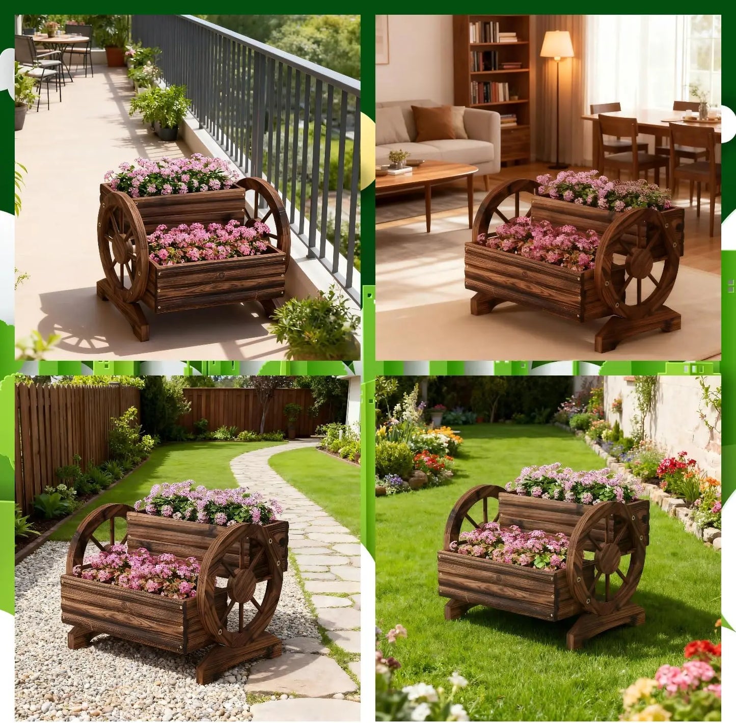 Wooden Wagon Planter With Wheels For Succulent Outdoor Garden Decor