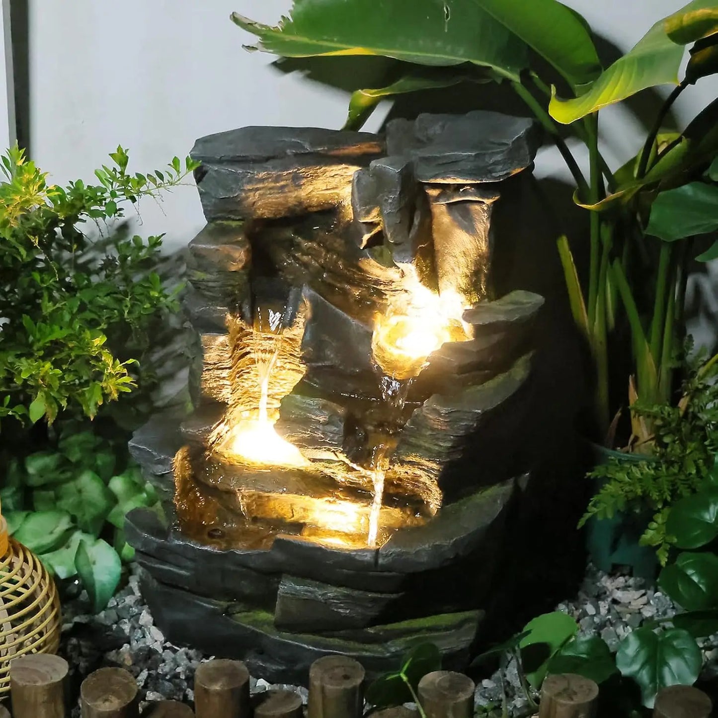 Tree Trunk Outdoor Resin Waterfall Fountain With LED Lights