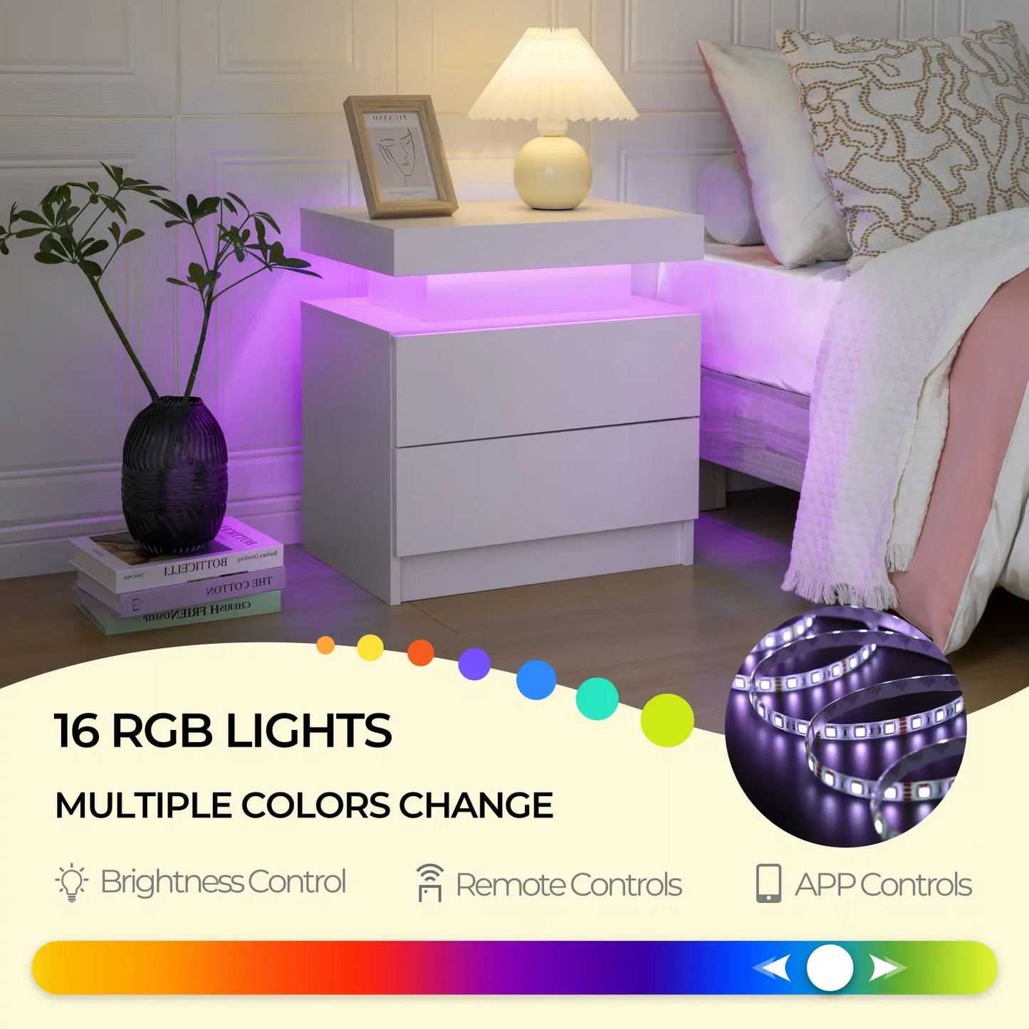 Cubehom LED Nightstands With 2 Drawers And RGB Lights For Bedroom
