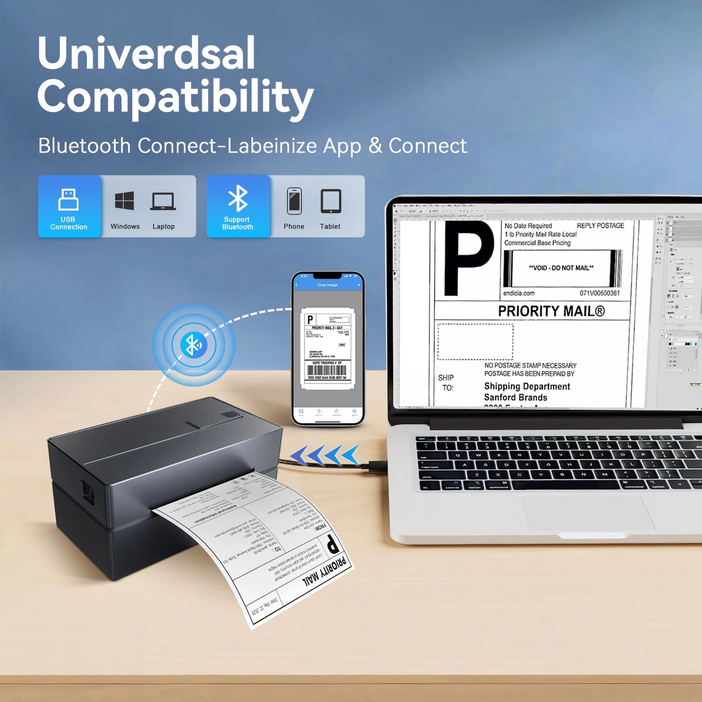 Thermal Label Printer Portable No Ink 203DPI Bluetooth USB