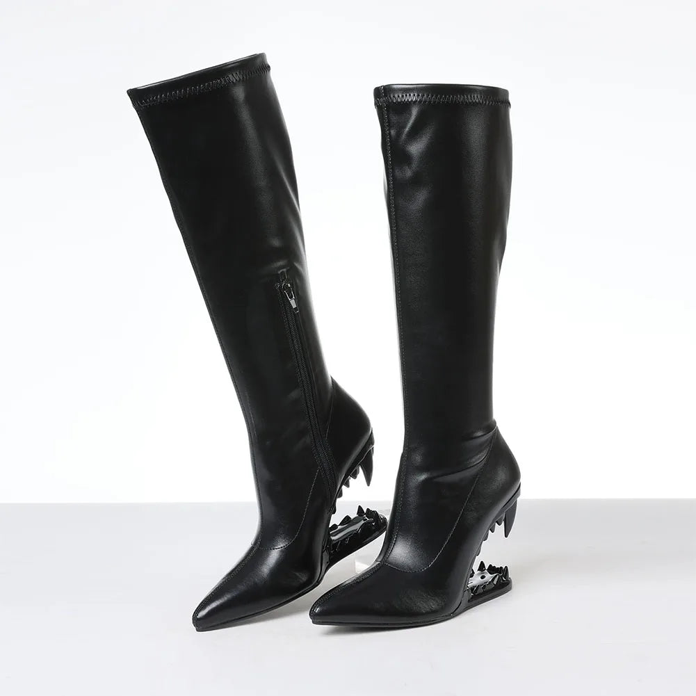 Goth Pointed Toe Knee High Boots With Side Zipper Wedges