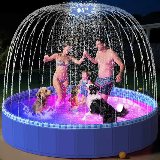 Foldable Dog Pool With Sprinkler RGB LED Light Collapsible Plastic