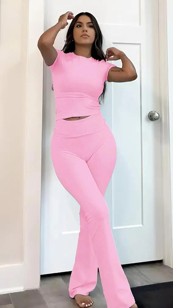 Womens Two Piece Yoga Set With Short Sleeve Flared Pants