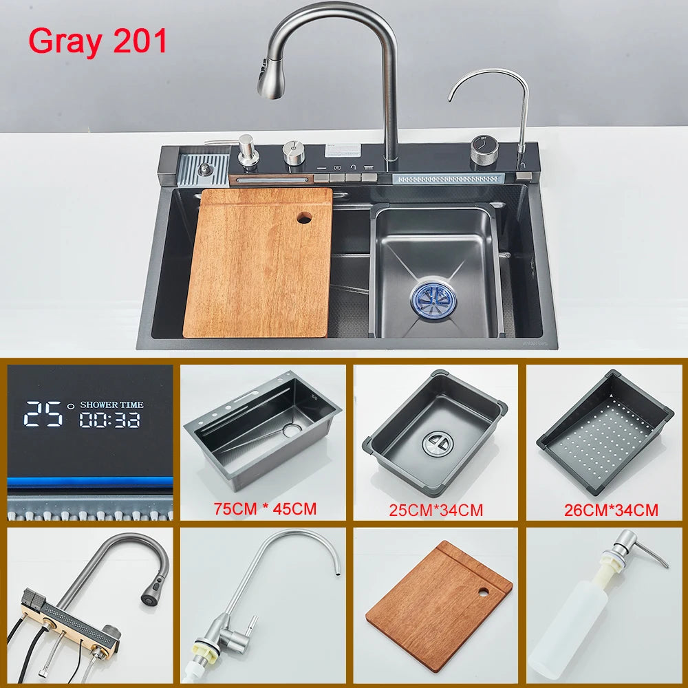 Multifunctional Kitchen Waterfall Sink With Digital Display 304 Stainless Steel