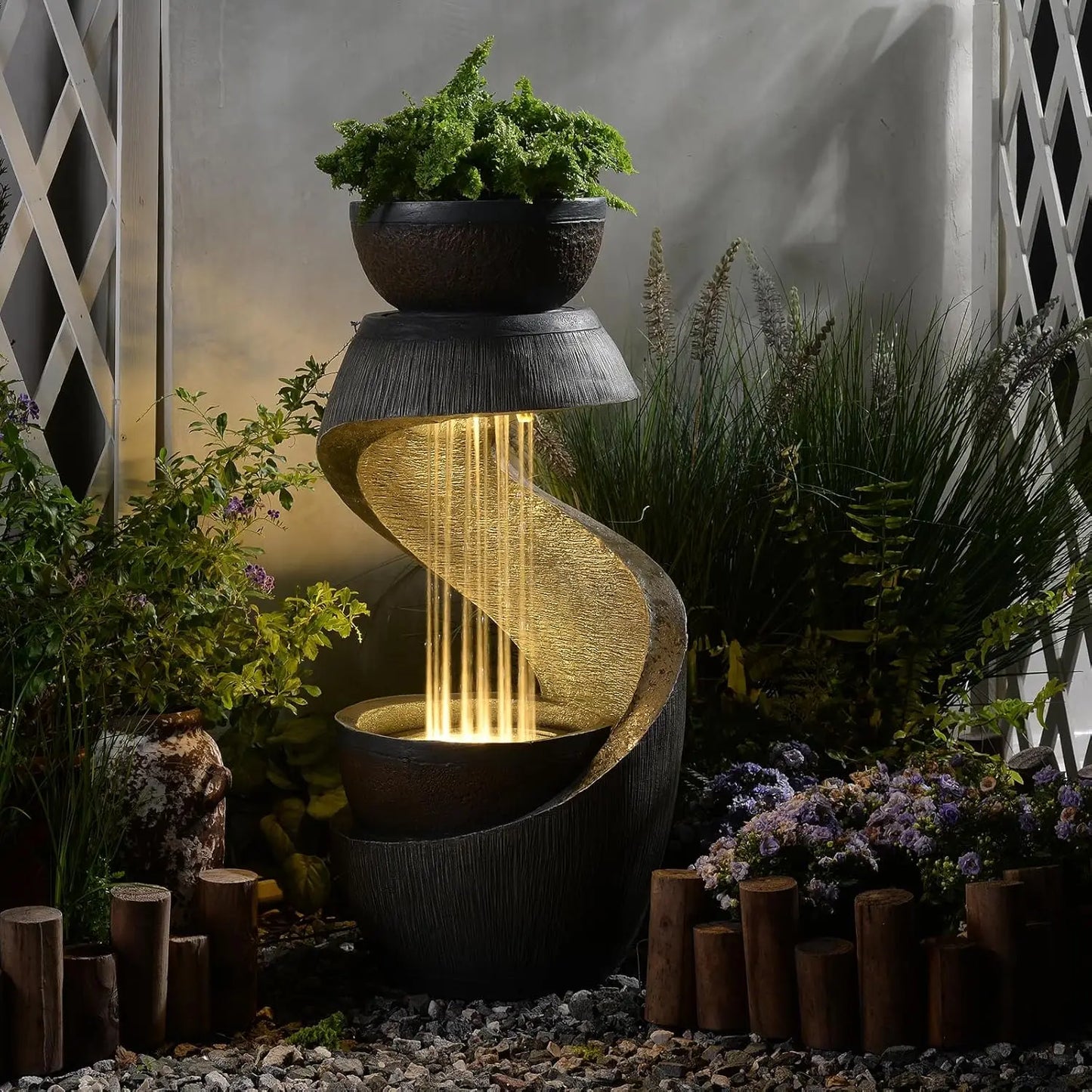 S Shaped Outdoor Fountain With LED Lights And Planter Bowl