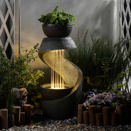 S Shaped Outdoor Fountain With LED Lights And Planter Bowl