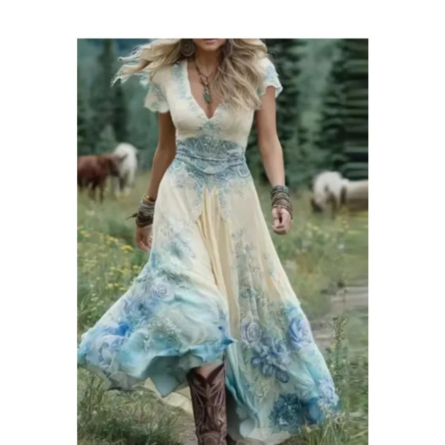 Spring European Style Loose Slit 3D Printed Dress For Women