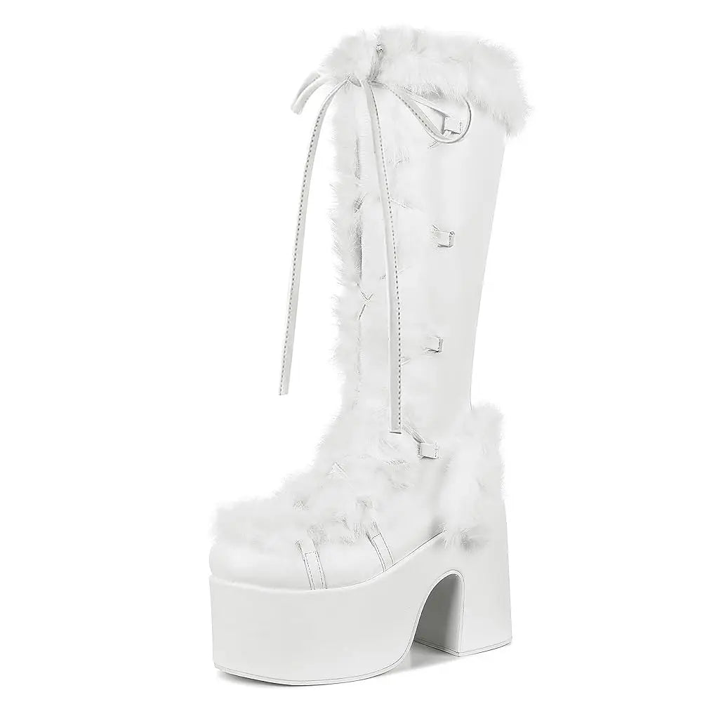 GIGIFOX Fur Super Chunky High Heel Platform Mid Calf Boots