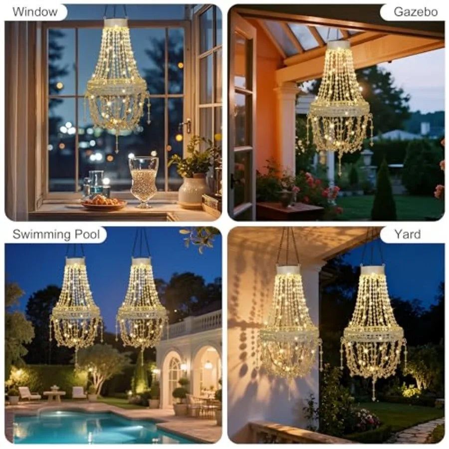 Solar Hanging Lantern Outdoor Chandelier LED Waterproof Crystal Acrylic Pendant