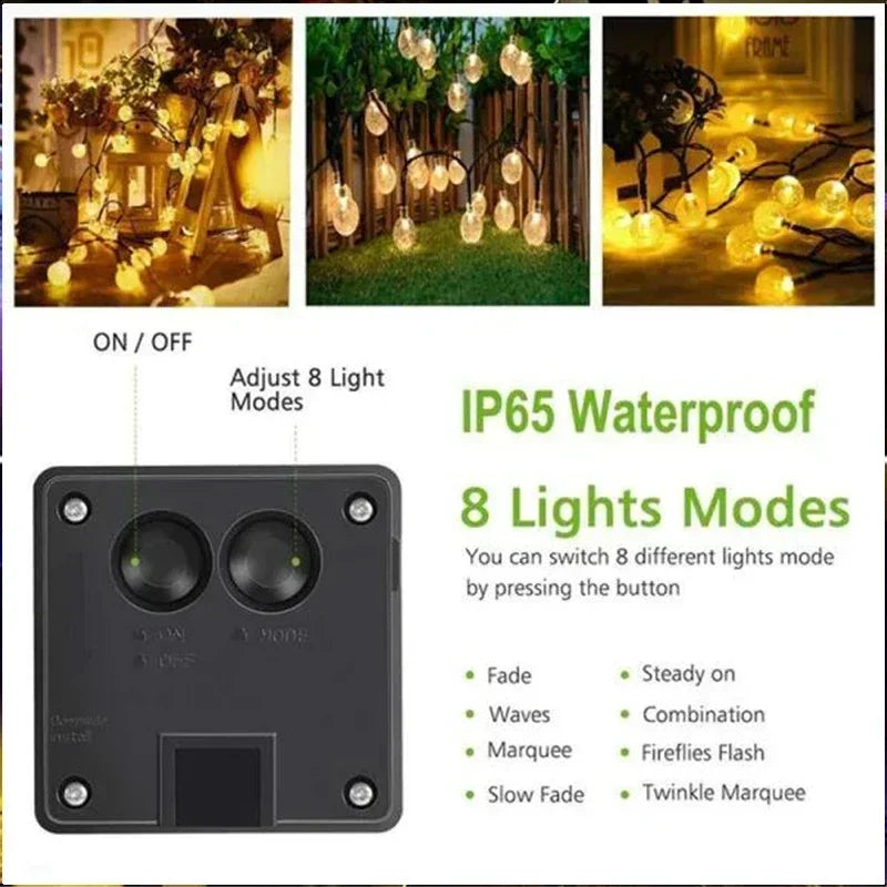 Solar Outdoor String Lights Crystal Fairy Garland 8 Modes Waterproof