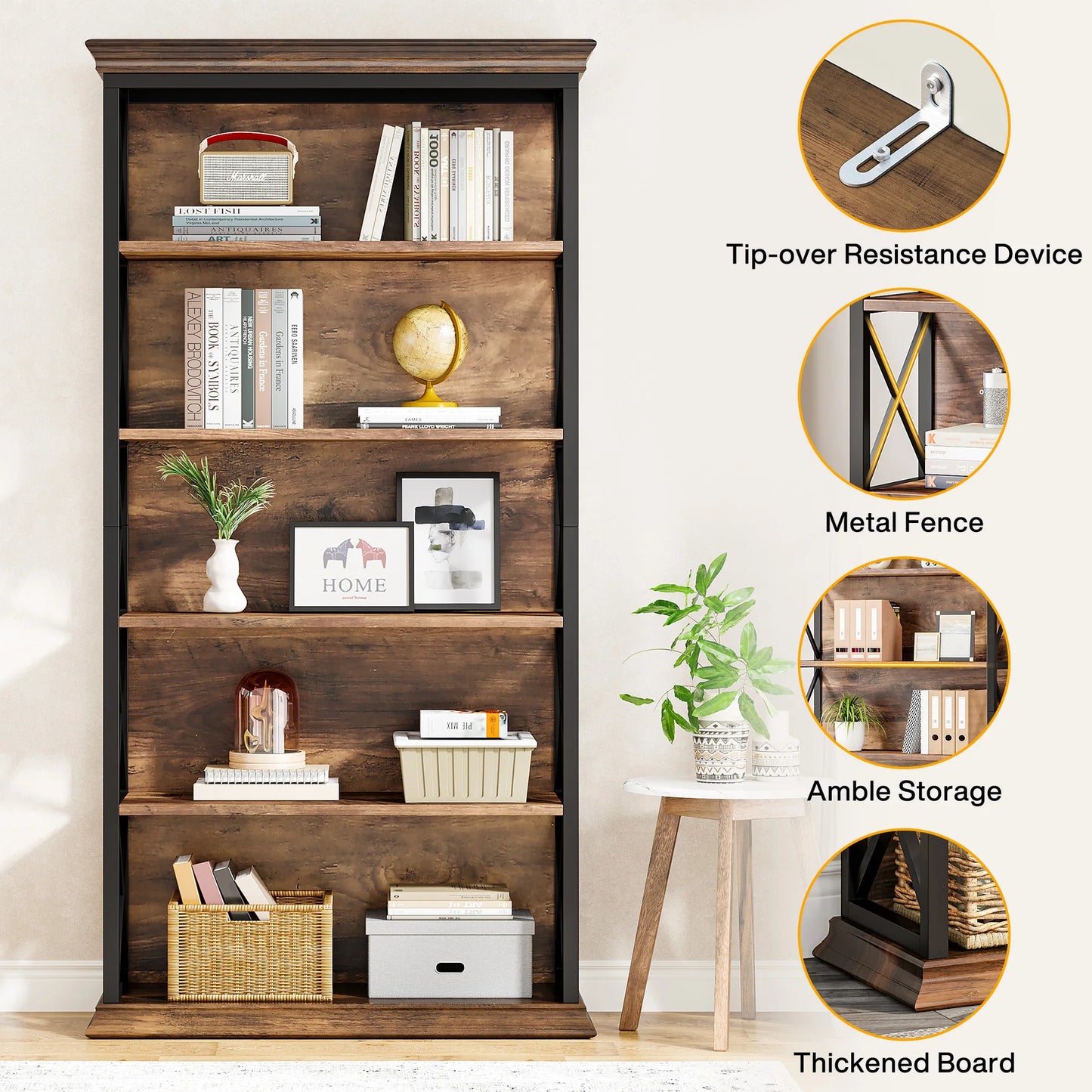 Tribesigns 5 Tier Bookcase Industrial Wood Shelves Floor Standing