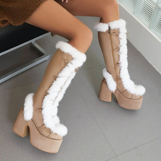 GIGIFOX Fur Super Chunky High Heel Platform Mid Calf Boots