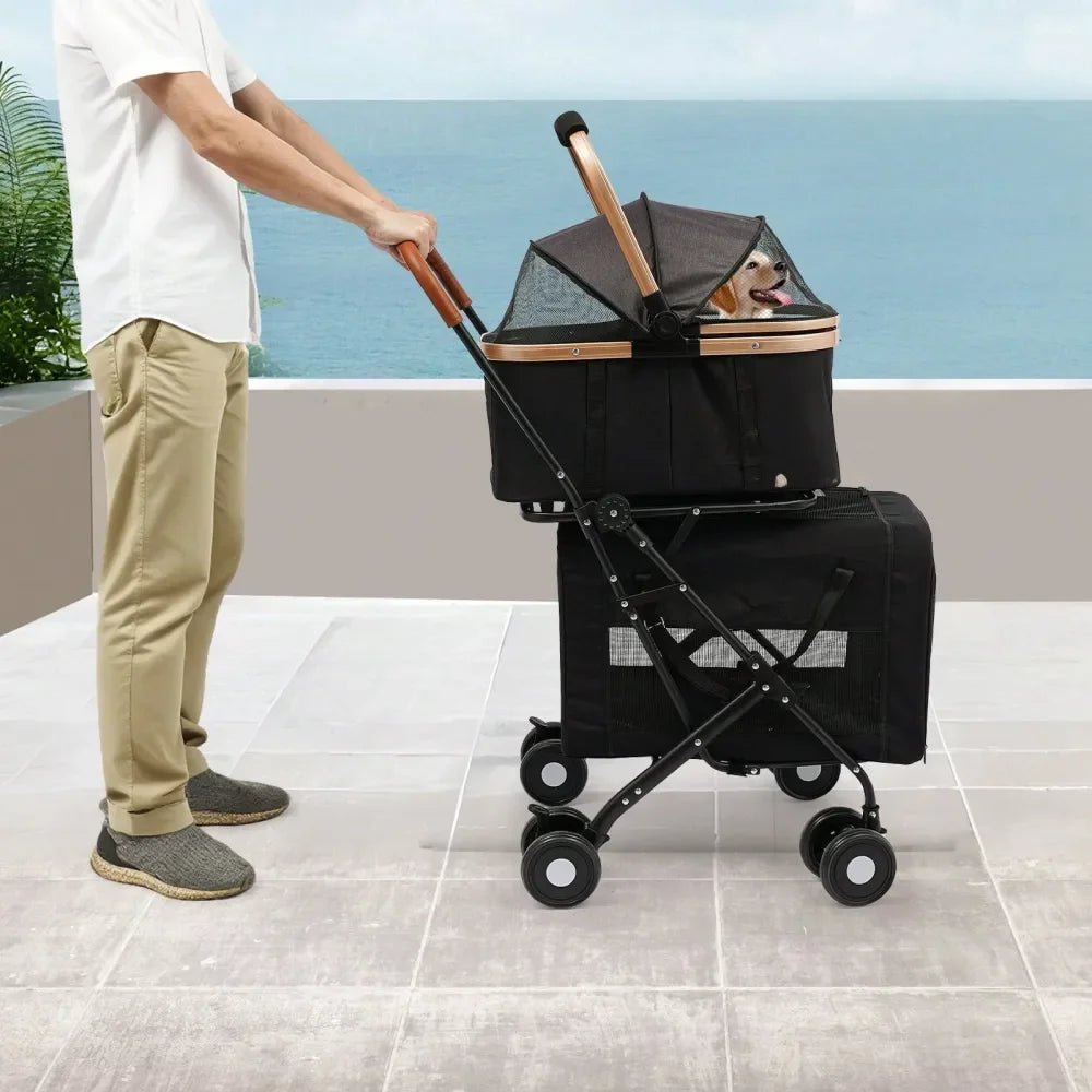 Pet Stroller With 2 Detachable Carrier Bags And Lockable Wheels