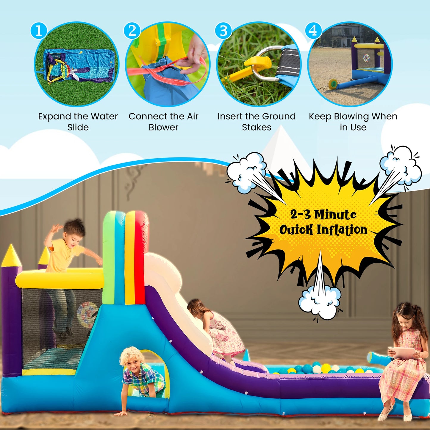 RTS Inflatable Water Slide Bounce House With Splash Pool For Kids Backyard Party