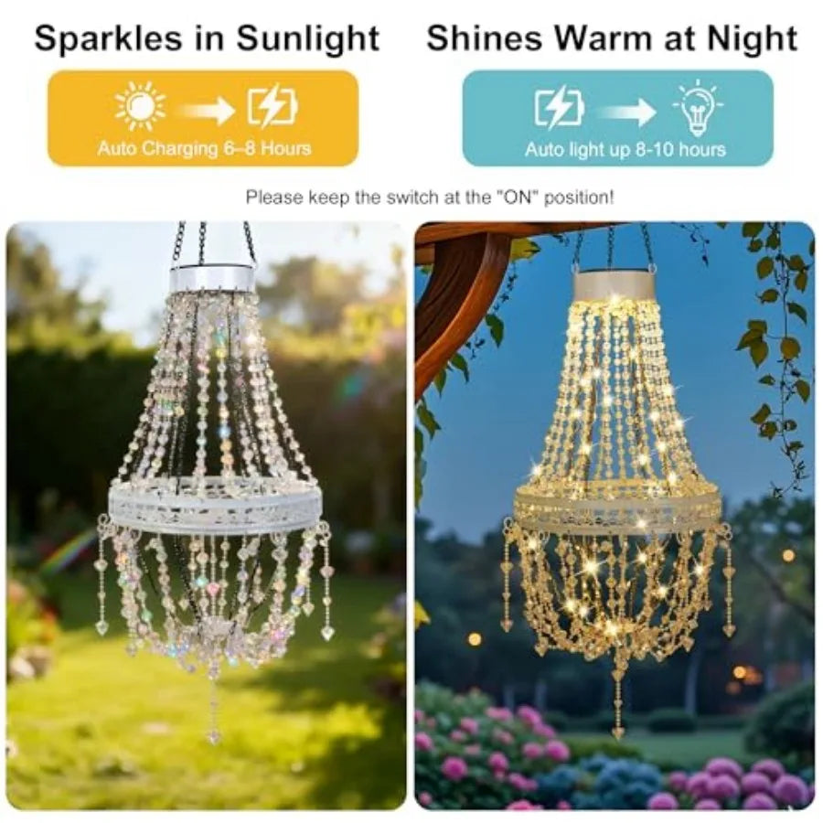 Solar Hanging Lantern Outdoor Chandelier LED Waterproof Crystal Acrylic Pendant