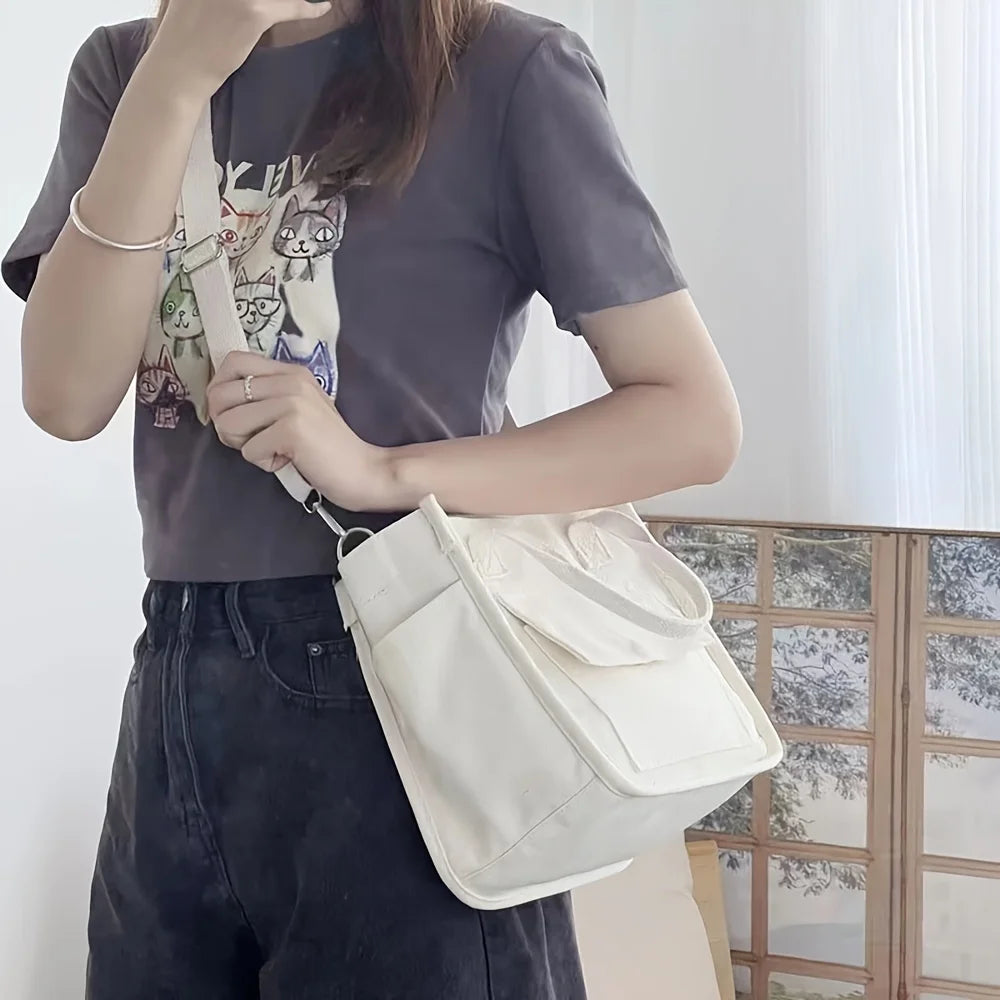 Canvas Tote Bag With Pockets For Women Crossbody Purse Handbag
